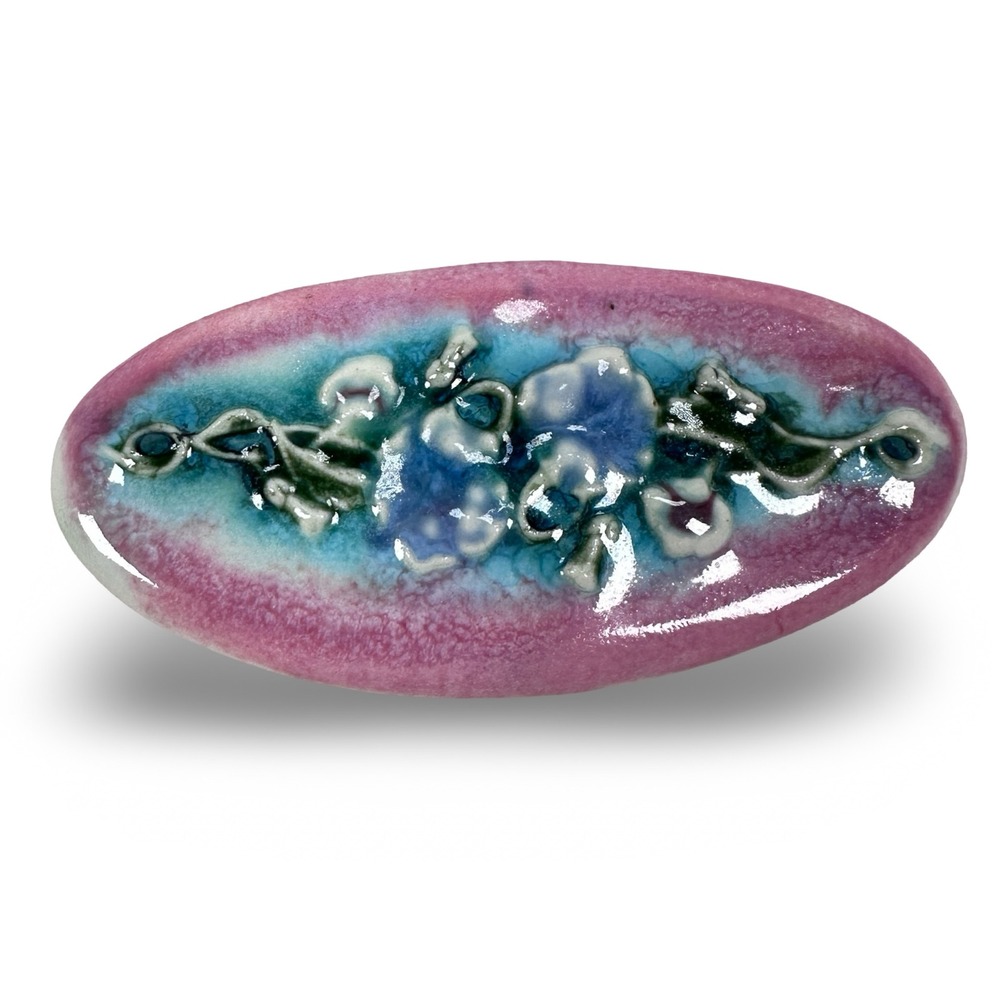 Marsha Downshen Signed Pottery Ceramic Brooch Pink Blue Abstract Floral Oval
